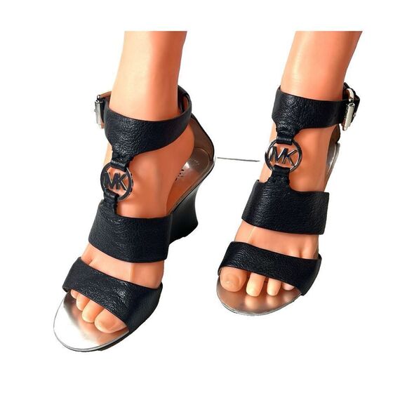 Michael Kors Logo Black Leather High Heels Women's 6M Open Toe Sling Ankle Strap - Picture 2 of 11